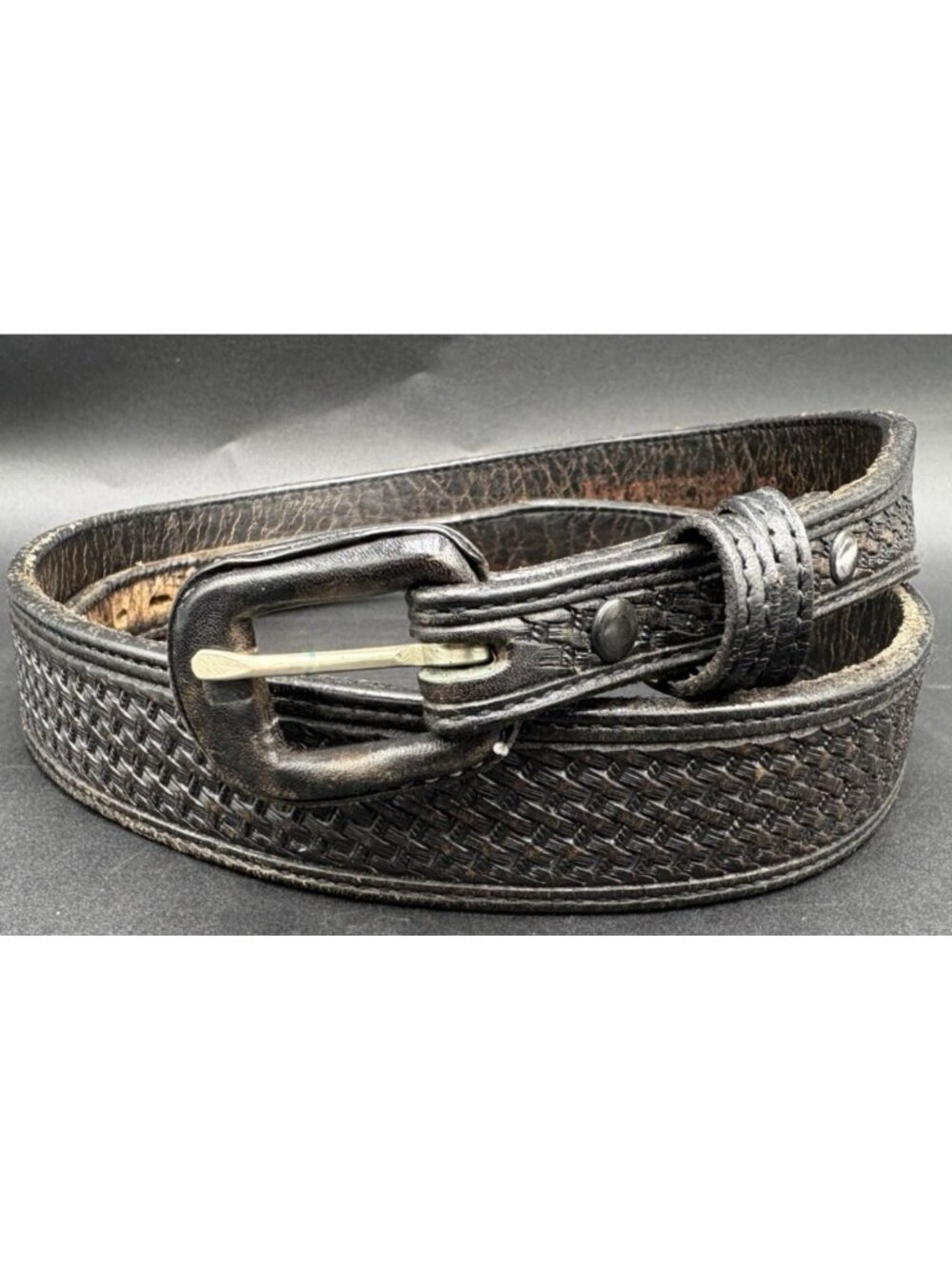 Vtg Vogt Leather Belt Black Braided Design Handmade Size 38 041-064  1 1/2"